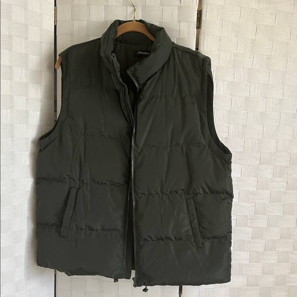 Olive Green Puffer Vest with High Collar
